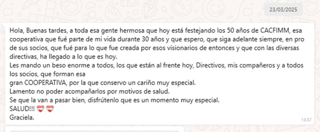 Saludo recibido de la ex funcionaria Graciela Uscudún por el 50 Aniversario